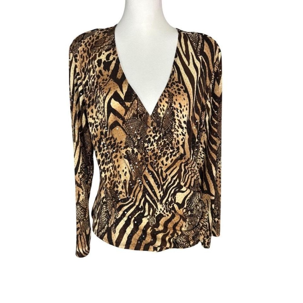 Vintage MSK Y2K Glam Women‎ LongSleeve Wrap Top Animal Print Sequins Brown SZ XL